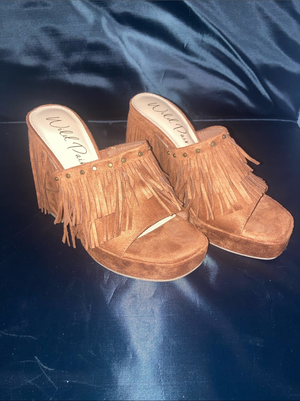Wild Pair Brown Suede Fringe Platform Mules